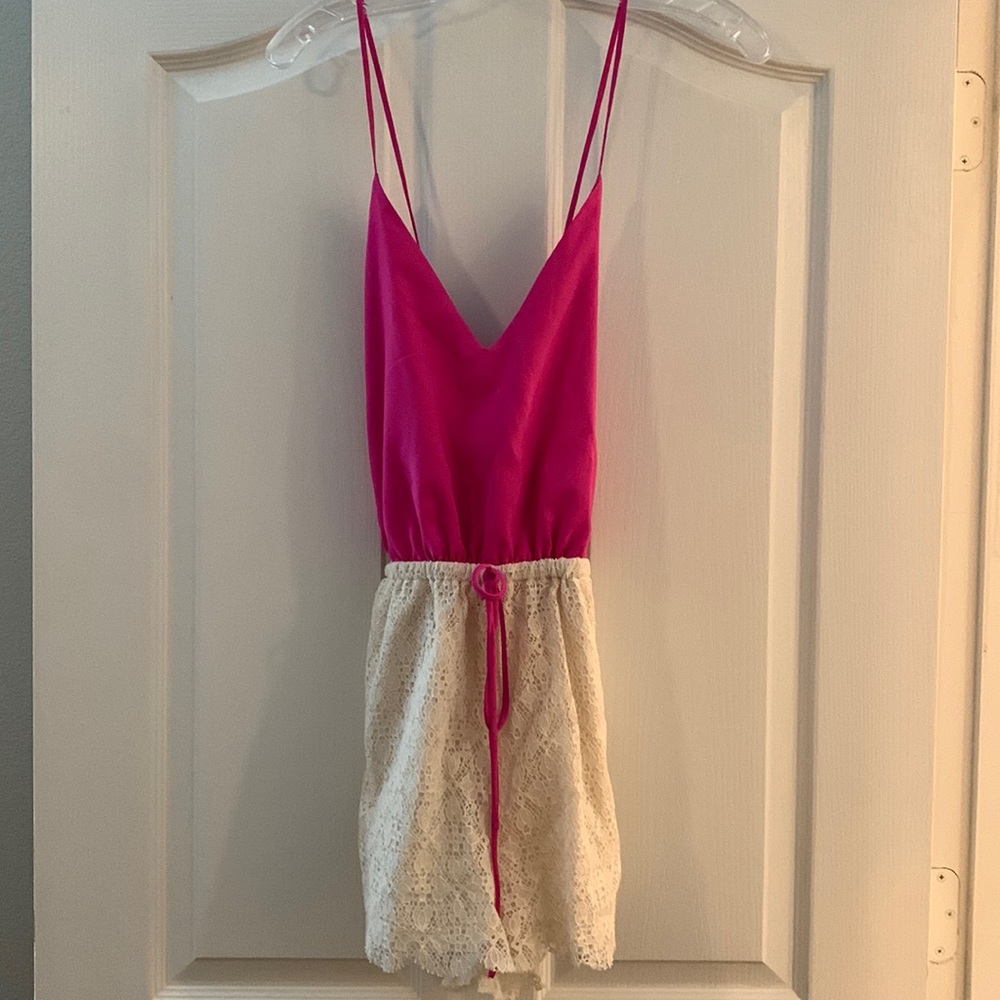6 Shore road lace and hot pink top romper with pockets